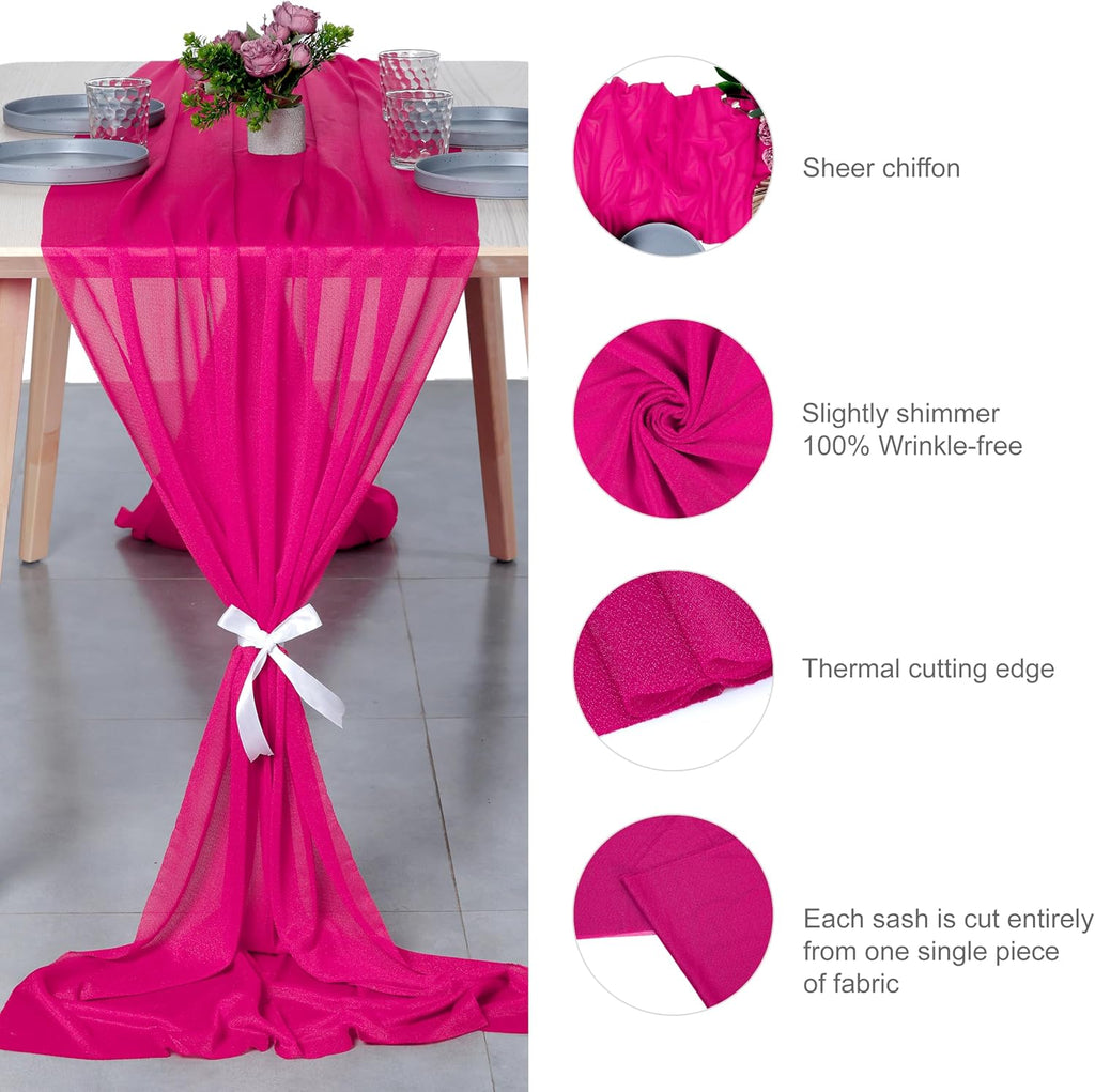 MDS® Pack of 15, 14ft Chiffon Table Runner 29 x 170 Inches, Sheer Wedding Runner Romantic Rustic Table Runner for Wedding Decoration, Birthday Party, Bridal Shower, Party Arch Décor - Hot Pink