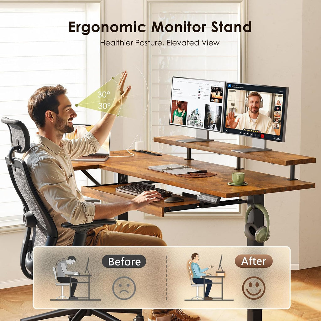 OffiGo 55 Inch L Shaped Electric Standing Desk with Keyboard Tray, Reversible Height Adjustable Corner Computer Desk with Monitor Stand, Sit Stand Up Lift Table for Home, Office, Rustic Brown