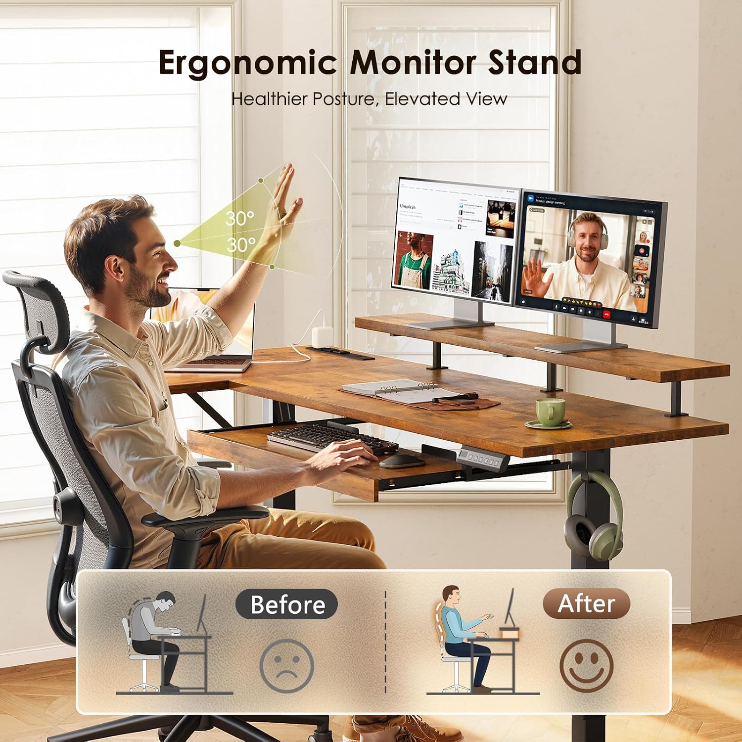 OffiGo 55 Inch L Shaped Electric Standing Desk with Keyboard Tray, Reversible Height Adjustable Corner Computer Desk with Monitor Stand, Sit Stand Up Lift Table for Home, Office, Rustic Brown