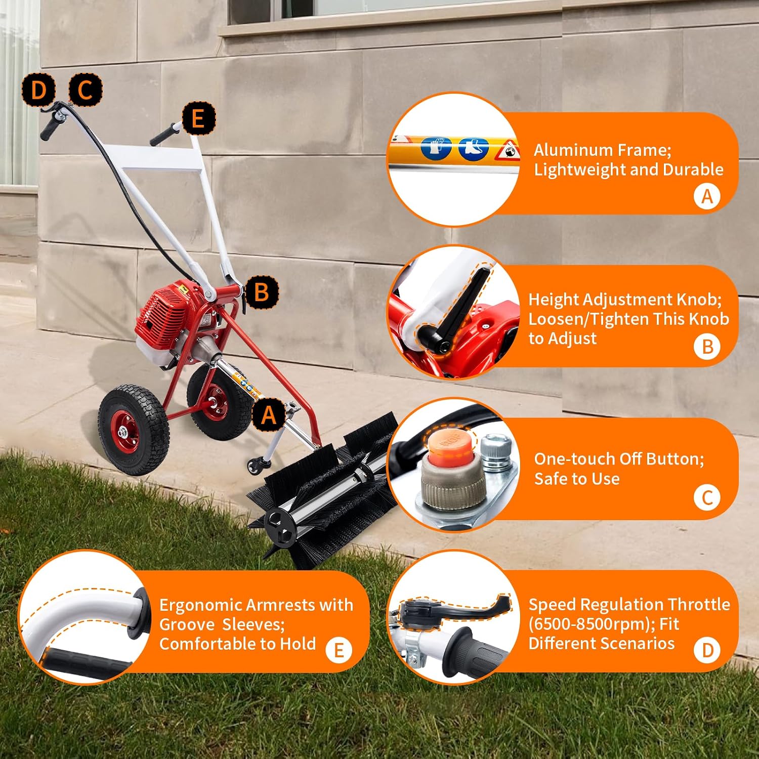 43CC Gas Powered Sweeper, Handheld Power Broom Sweeper Walk Behind Push Lawn Sweeper Driveway Walkway Cleaning Driveway Machine Portable Artificial Grass Brush Power Broom