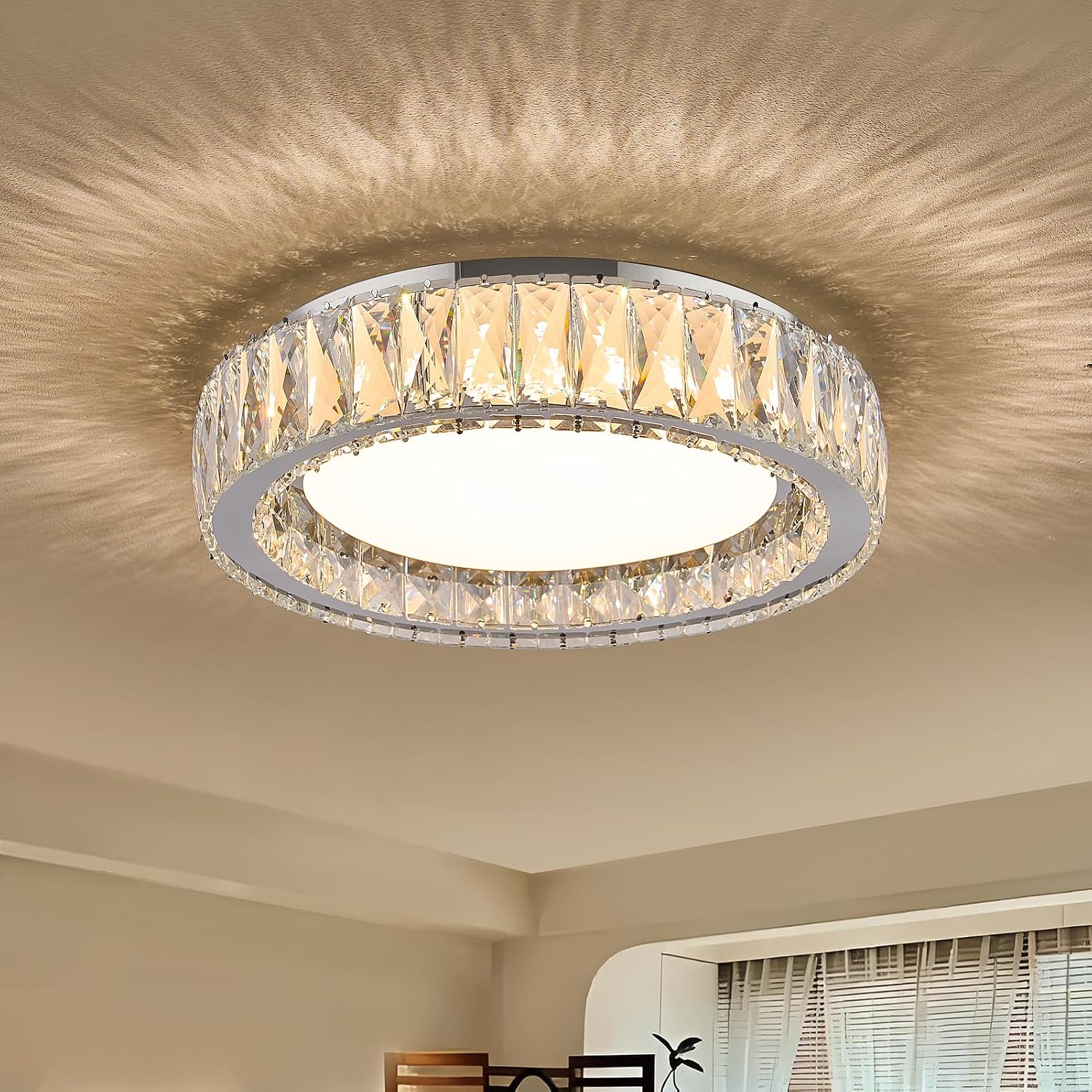 Modern K9 Crystal Dimmable LED Flush Mount Ceiling Light,15 Inch 36W/5CCT 3000K-6000K Luxury Chrome Round Close to Ceiling Lighting Fixtures for Living Room,Kitchen,Bedroom,Dining Room