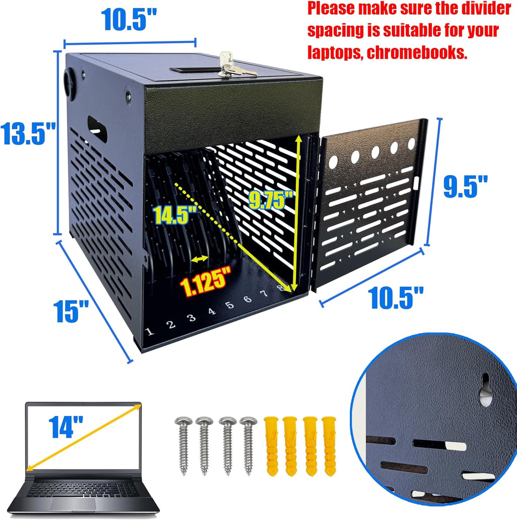 8-Device Tablet & Laptop Charging Station, Lockable Steel Charging Cabinet for Chromebooks, iPads & Devices Up to 14', Multi-Device Storage Organizer for Classroom, Office & Library, Black