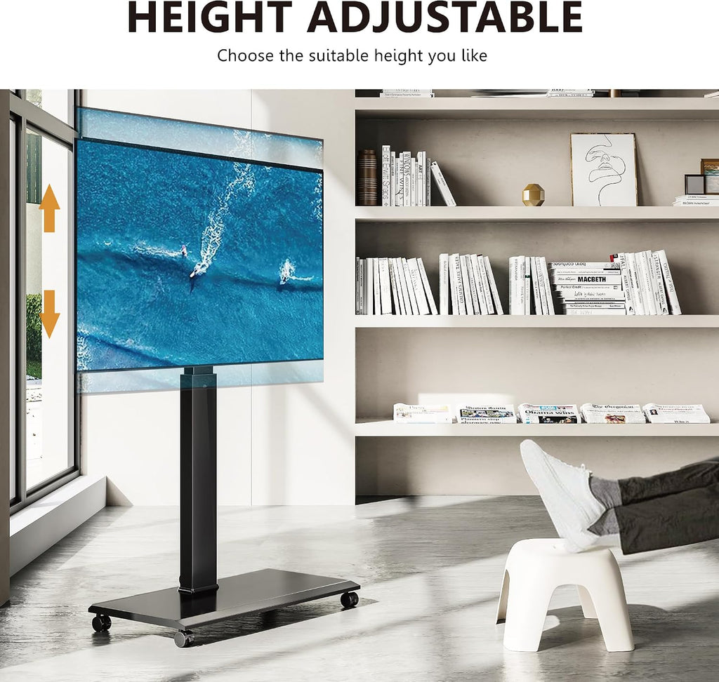 FITUEYES Rolling TV Stand - Portable Mobile TV Cart on Wheels for 32 to 65 70 75 Inch TVs, Landscape to Portrait Rotating and 40°Swivel, Height Adjustable TV Cart Rolling TV Stand Hold Up to 88 Lbs