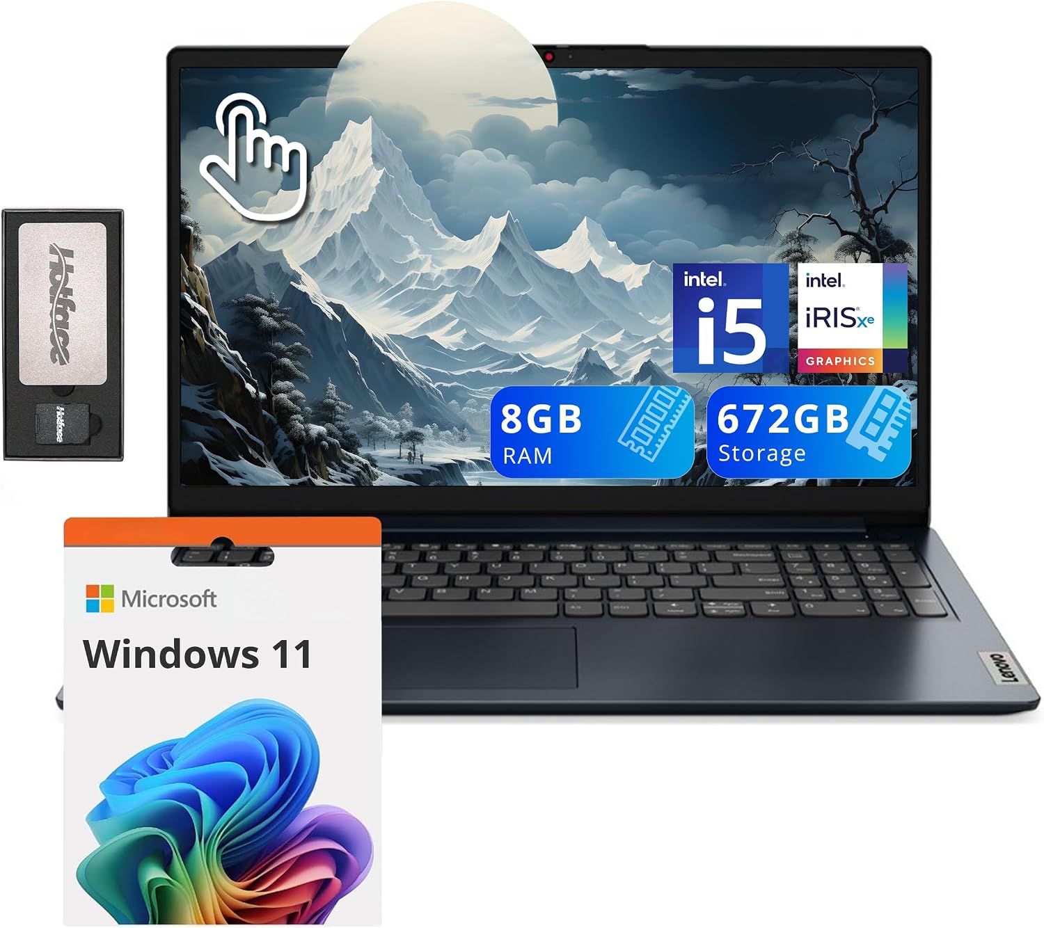 Lenovo IdeaPad 1i 15.6' FHD Touchscreen Laptop, Intel i5-1235U, 8GB RAM, 672GB Storage(512GB SSD+160GB Docking Station Set), Intel Iris Xe Graphics, Num Pad, Dolby Audio, Wi-Fi 6, Win 11, Abyss Blue