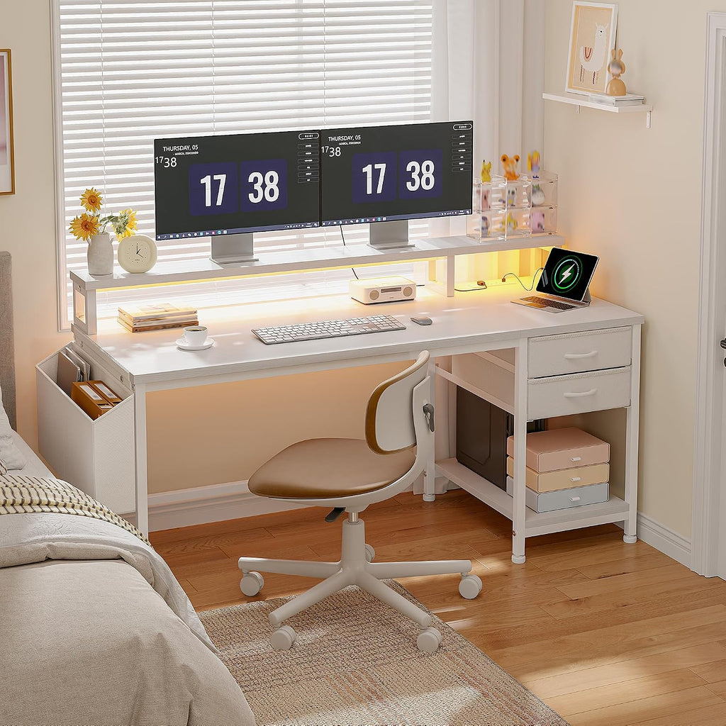 DurayLoly 48' White Desk with File Drawers & Storage Bag, Reversible Computer Desk with Monitor Stand,Home Office Desk with LED Strip & Power Outlets for Bedroom, Small Space, Study, Handwork