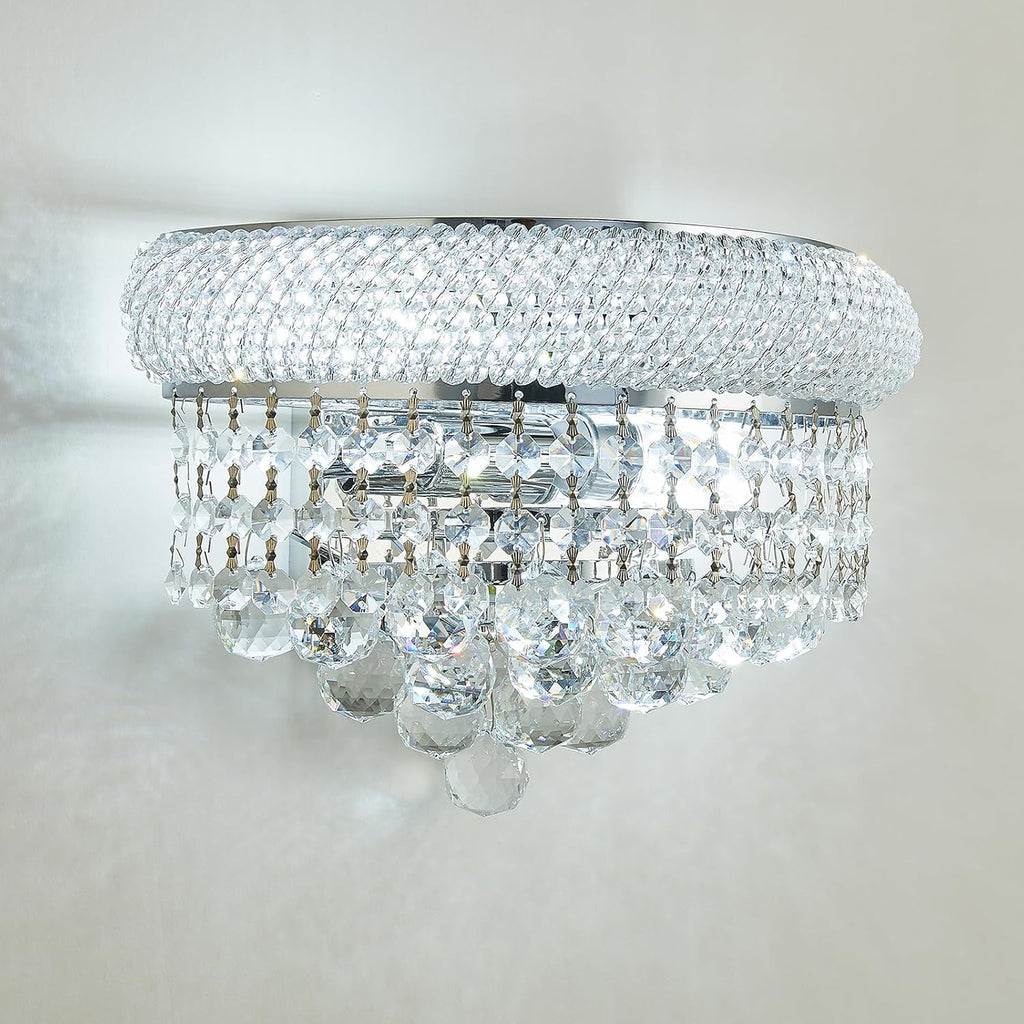 2-Lights Empire Crystal Wall Sconce Light for Living Room Dining Room Bathroom Vanity Mirrors Hallway Bedroom Closet Stairway (Chrome)