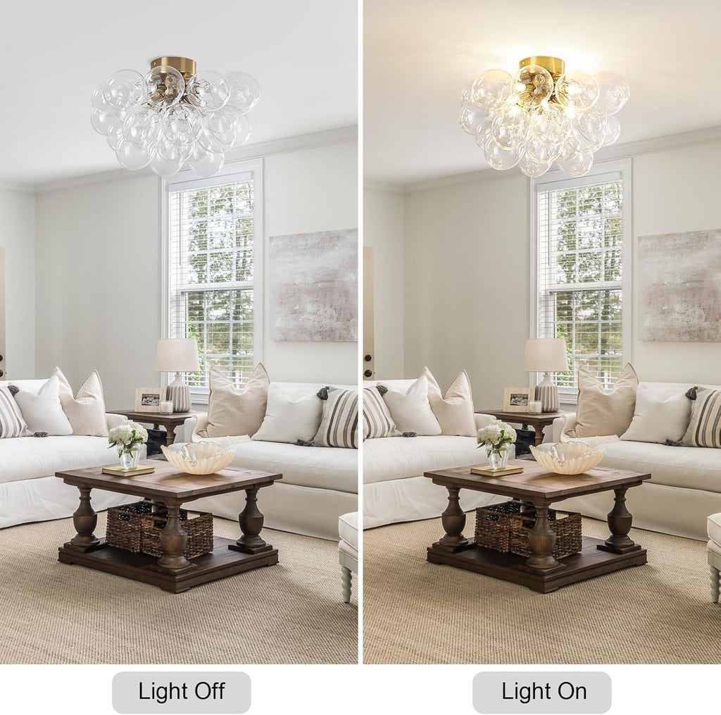 8-Light Flush Mount Ceiling Light, 16' Glass Bubble Ball Chandelier with 21 Clear Balls, Modern Globe Dining Room Light Fixture for Bedroom, Living Room, Hallway, Entry, Bathroom