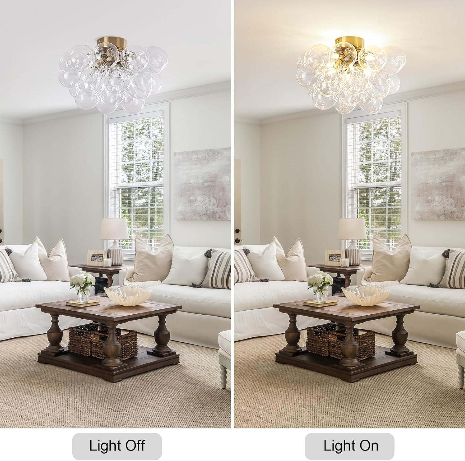 8-Light Flush Mount Ceiling Light, 16' Glass Bubble Ball Chandelier with 21 Clear Balls, Modern Globe Dining Room Light Fixture for Bedroom, Living Room, Hallway, Entry, Bathroom