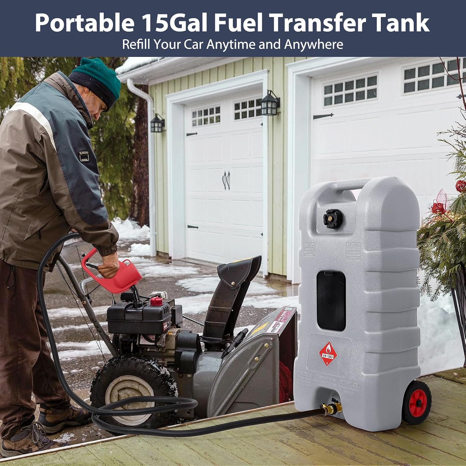 Portable Gas Fuel Tank 15 Gallon W/Casters,Portable Fuel Tank With Fluid Transfer Siphon Pump&10ft Delivery Hose,Diesel Storage Can On-Wheels for Cars, Lawn Mowers,Boats,Container Caddy Can