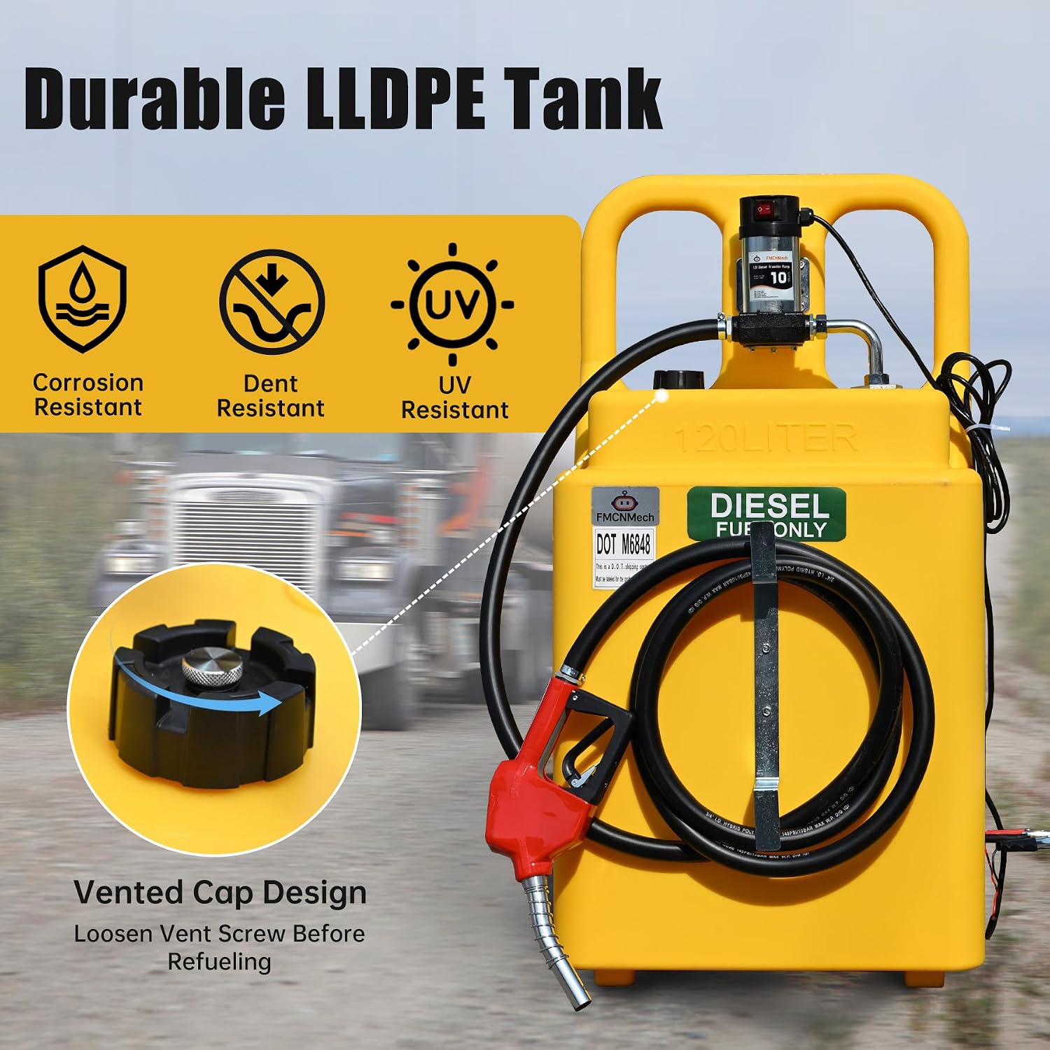 FMCNMech 32 Gallon Diesel Transfer Tank with 12V Electric Pump, 10 GPM Flow, Portable Diesel Fuel Caddy with Auto Shut-off Nozzle & Wheels, Heavy-Duty Diesel Tank for Trucks, Tractors and Construction Equipment