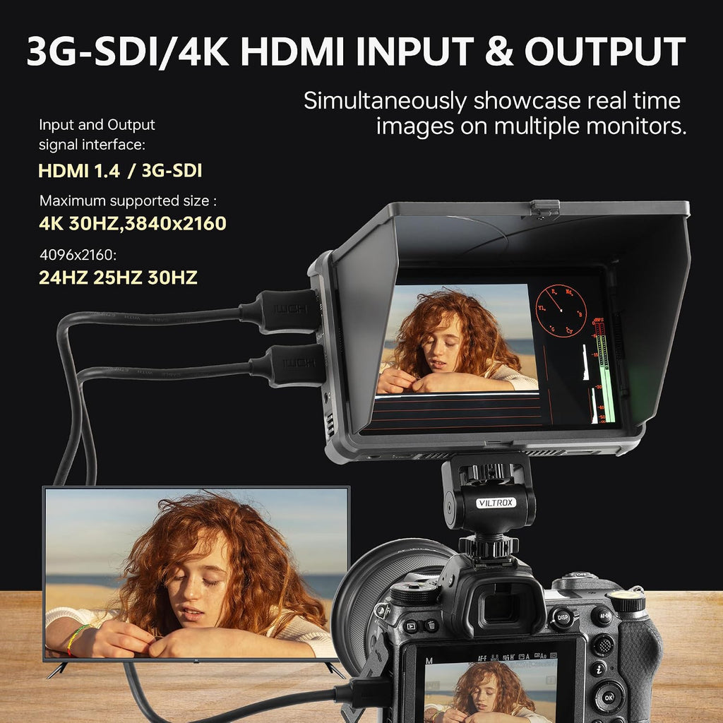 VILTROX DC-X3 Touchscreen Camera Field Monitor, 6 Inch 4K Professional Photographic Monitor 3G-SDI/HDMI 1.4 Input Output, 2000nits Camera Monitor with Battery, Sunshade Hood, USB A 3D Lut