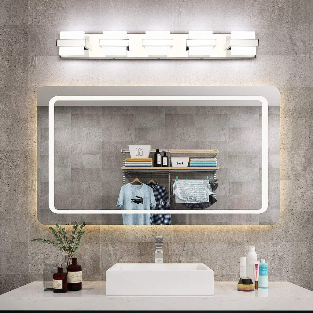 SOLFART Chrome 5 Light Bathroom Vanity Lights Over Mirror, Modern Chrome Bathroom Light Fixtures LED Lights Dimmable