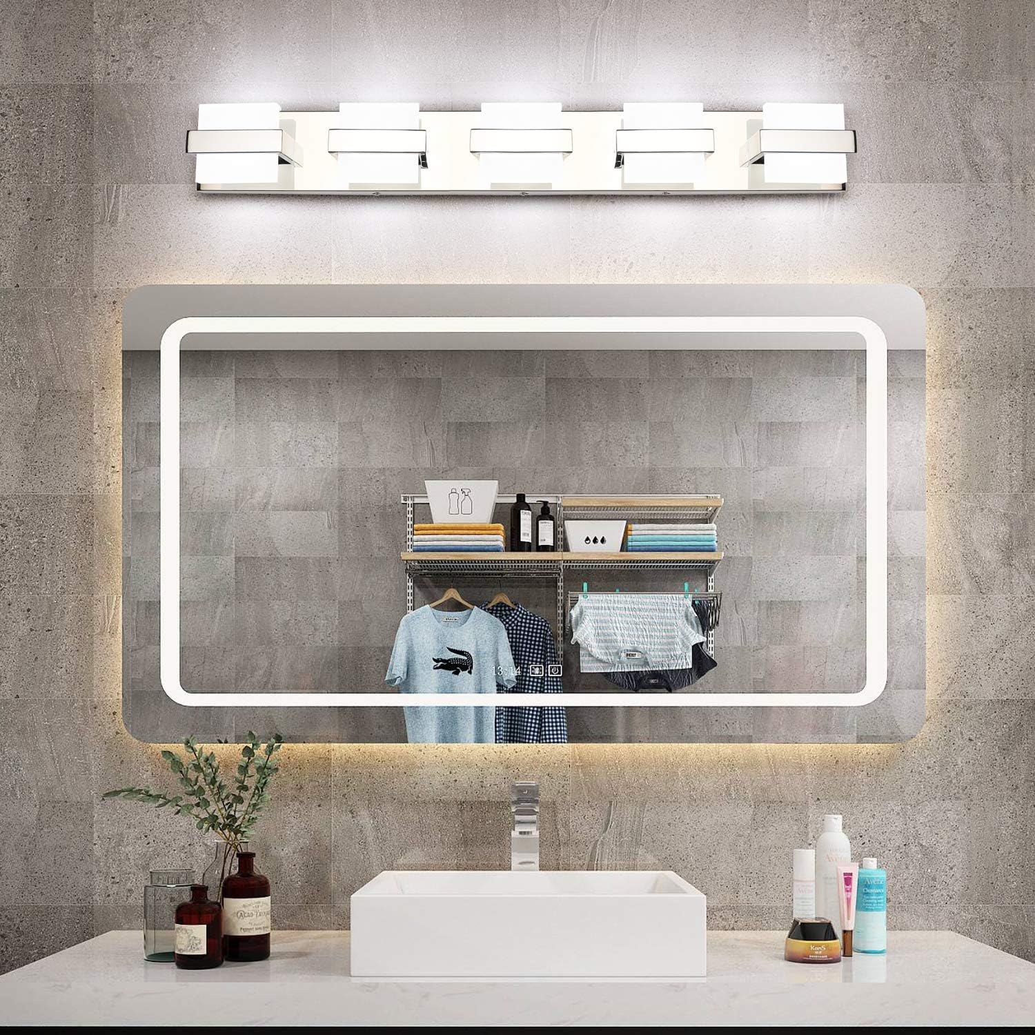 SOLFART Chrome 5 Light Bathroom Vanity Lights Over Mirror, Modern Chrome Bathroom Light Fixtures LED Lights Dimmable