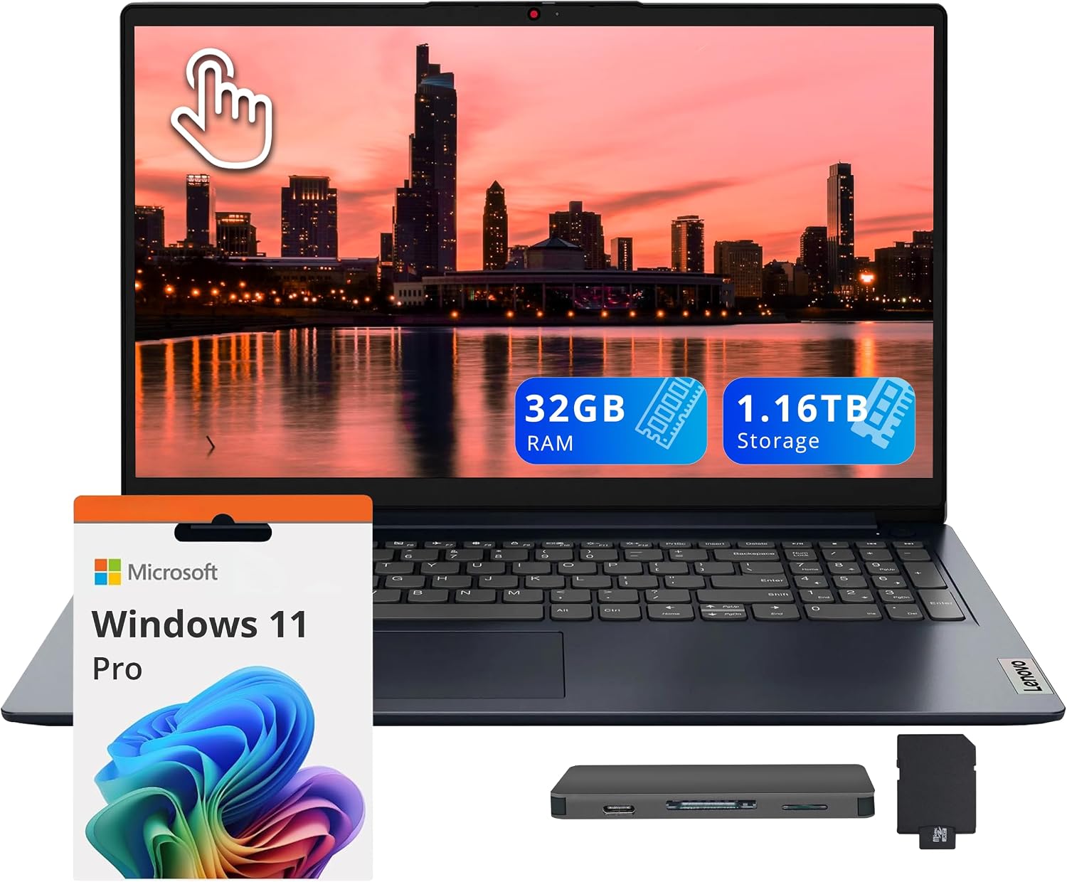Lenovo IdeaPad 1i 15.6' FHD Touchscreen Laptop, Intel i5-1335U, 32GB RAM, 1.16TB Storage (1TB SSD+160GB Docking Station Set), Iris Xe Graphics, Number Pad, Webcam, Copilot, Wi-Fi 6, Win 11 Pro, Blue