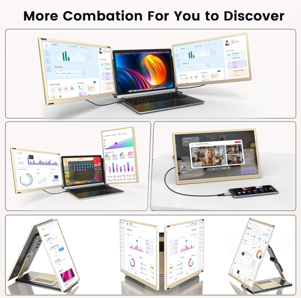 Laptop Screen Extender, 15.6' Detachable Triple Portable Monitor, 1080P FHD IPS Display, Sturdy & Durable, USB-C/HDMI Plug-Play Monitor Extender for Mac/Win/Android, Fits 13-17' Laptops