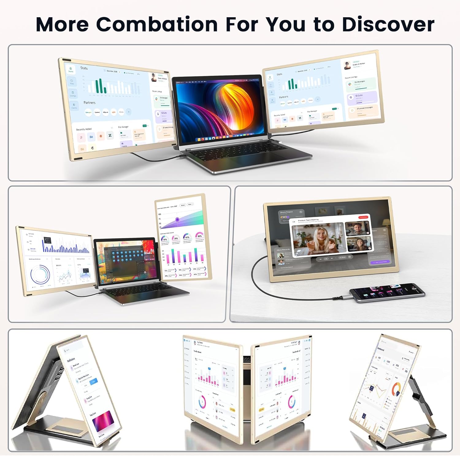 Laptop Screen Extender, 15.6' Detachable Triple Portable Monitor, 1080P FHD IPS Display, Sturdy & Durable, USB-C/HDMI Plug-Play Monitor Extender for Mac/Win/Android, Fits 13-17' Laptops