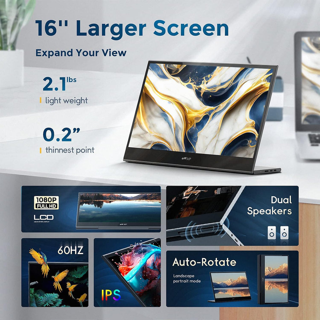 Mobile Pixels Glance 16' 1080P FHD Travel Monitor for Laptop, Portable Monitor HDMI USB Type C Connection, Tilt Adjustment & Non-Slip Portable Computer Screen with Dual Speakers for PC, macOS, Windows