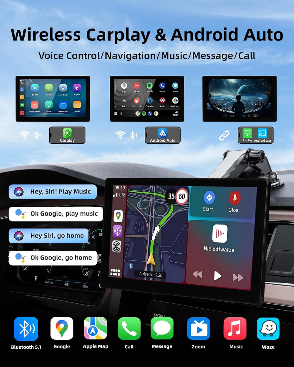 9'' Wireless Carplay Screen for Car Android Auto Monitor Display Screen Carplayer Receivers 4K Dash Cam IPS Car Touchscreen with 1080p Backup Camera Voice Control BT FM Mirror Link