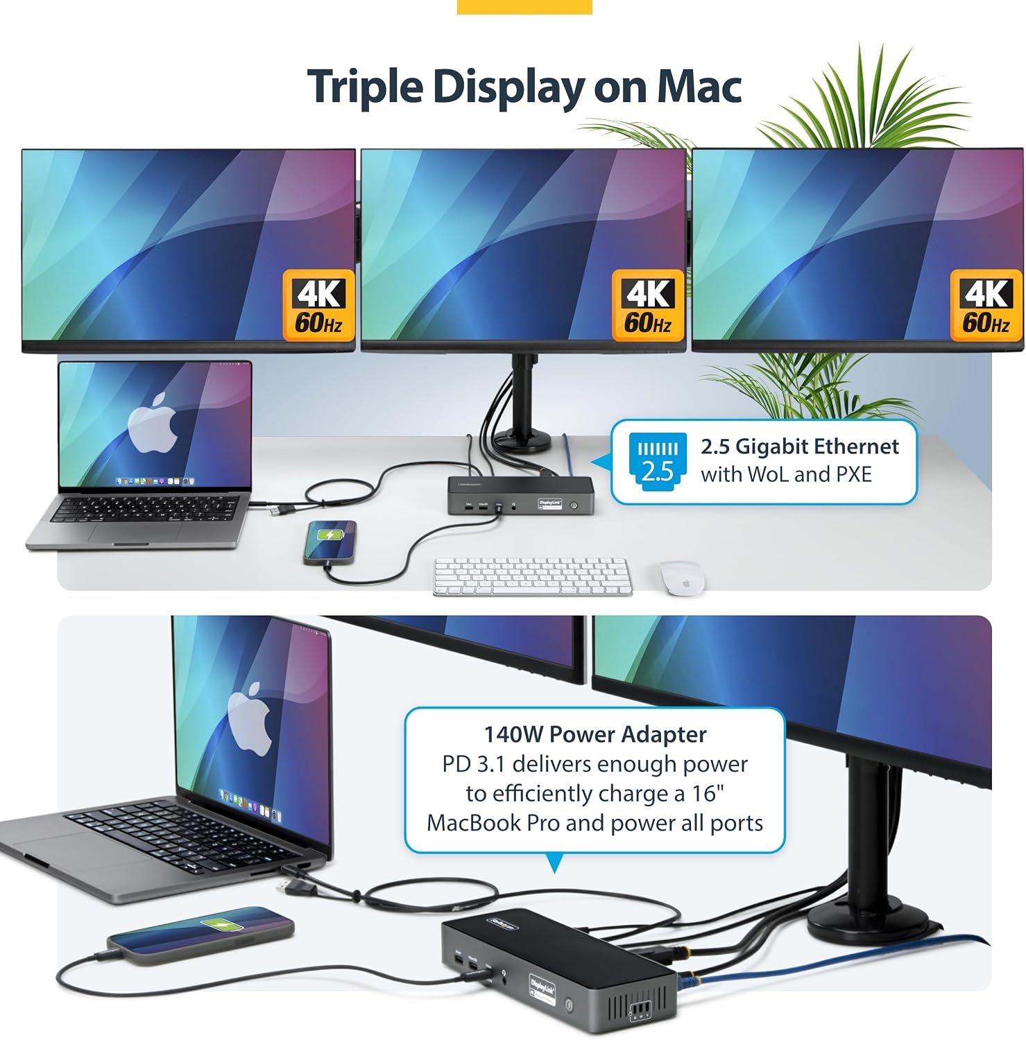 StarTech.com Triple Monitor USB-C Docking Station, 4K 60Hz DisplayLink Dock for MacBook M1 M2 M3 M4 & Windows, 2.5GbE, 2X HDMI & 2X DP, 140W Laptop Charging, USB-C DP Alt Mode - TAA