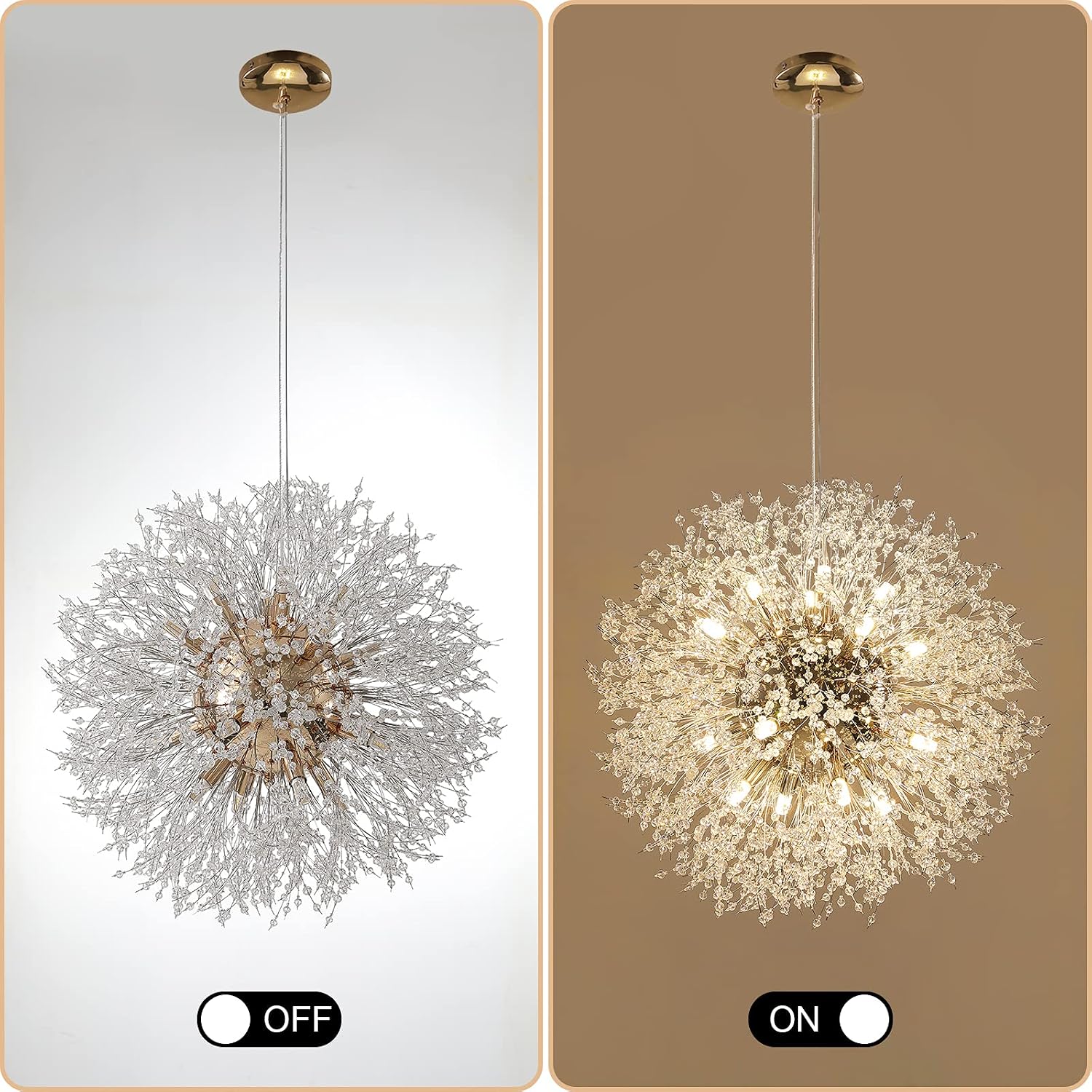 Lingkai 23.6' Gold Modern Crystal Chandeliers Firework, Bubble Chandelier Lighting for Bathroom Dining Room Bedroom Kitchen Island Living Room Light Fixture, 16-Light Gold Hanging Round Chandalier