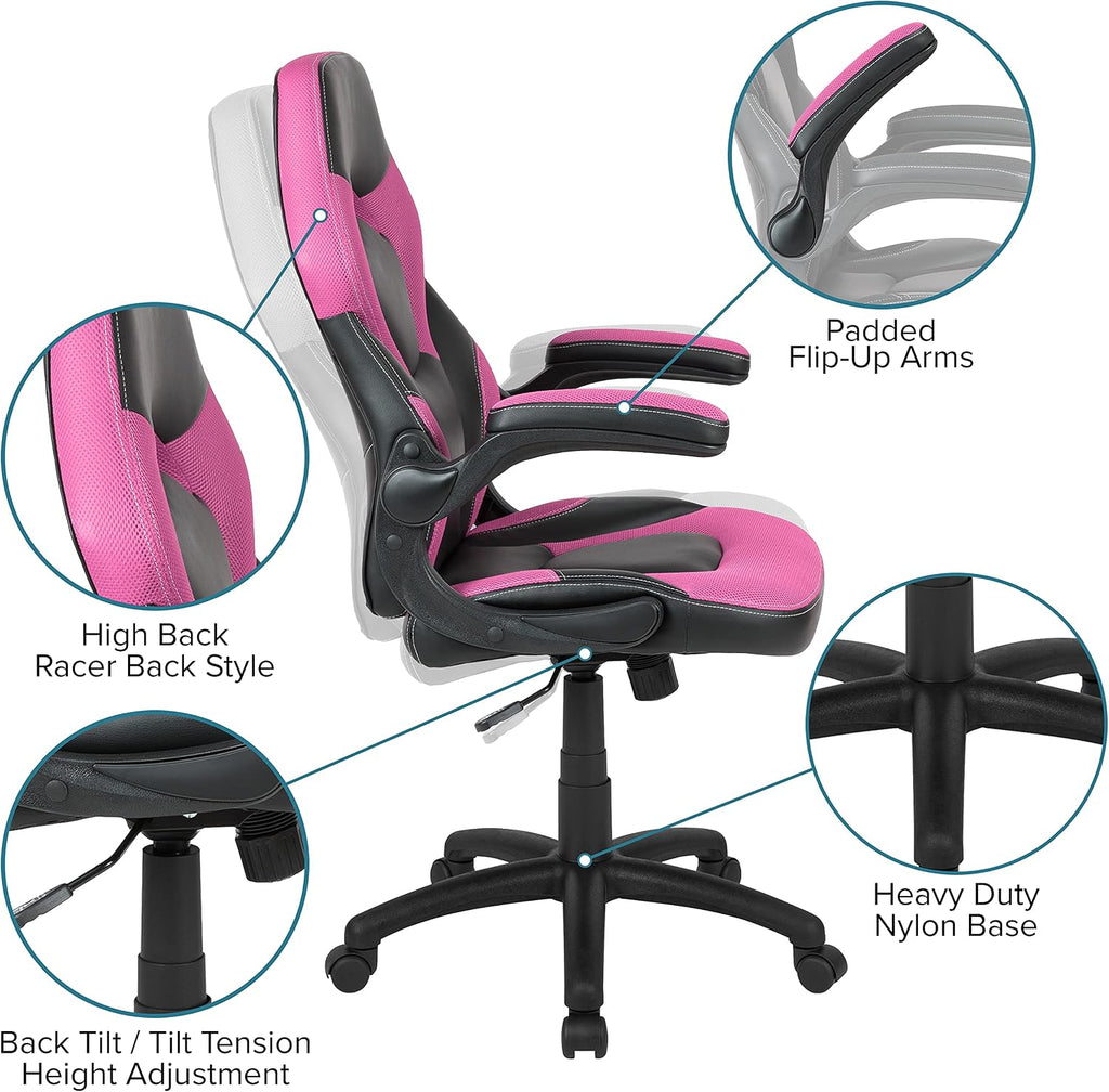 Flash Furniture Black Gaming Desk and Pink/Black Racing Chair Set with Cup Holder, Headphone Hook, and Monitor/Smartphone Stand