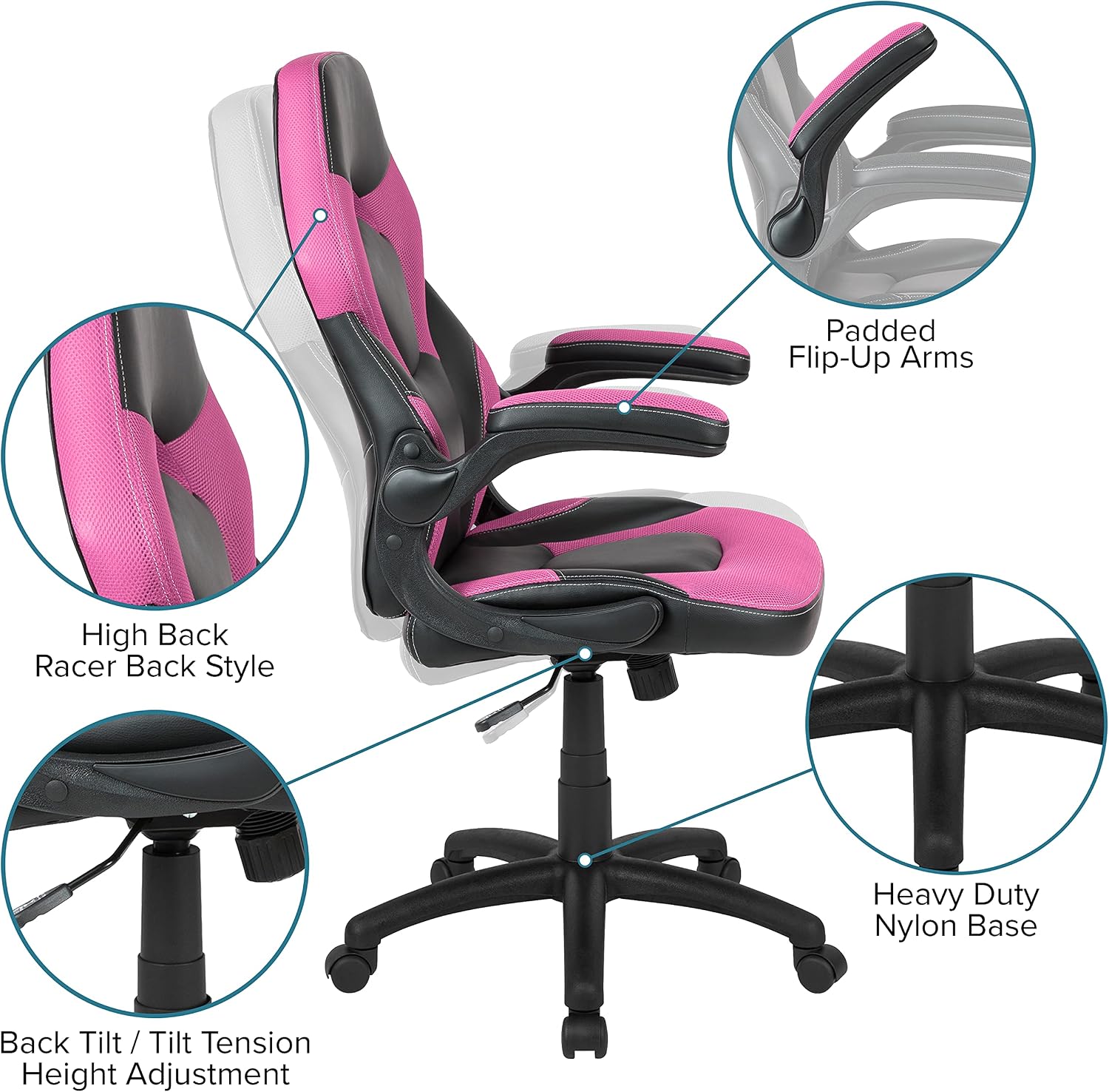 Flash Furniture Black Gaming Desk and Pink/Black Racing Chair Set with Cup Holder, Headphone Hook, and Monitor/Smartphone Stand