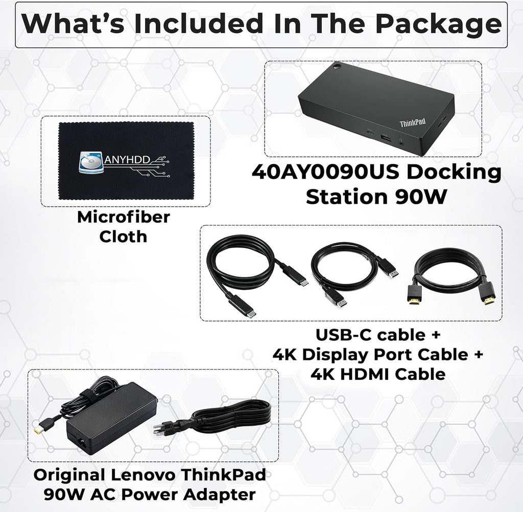 40AY0090US Lenovo Thinkpad Docking Station Dual Monitor - Supports 4K Display, Thinkpad Dock with 90W Adapter, HDMI, DisplayPort, USB C Cables & Cloth - Lenovo Docking Station