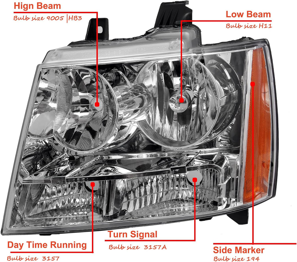 Headlights and Taillights Assembly Combo kits for 2007-2014 Chevy Tahoe Suburban Replacement Head/OE Factory Style Red Rear Brake Tail Lights Lamps LH RH,Chrome Housing Amber Reflector