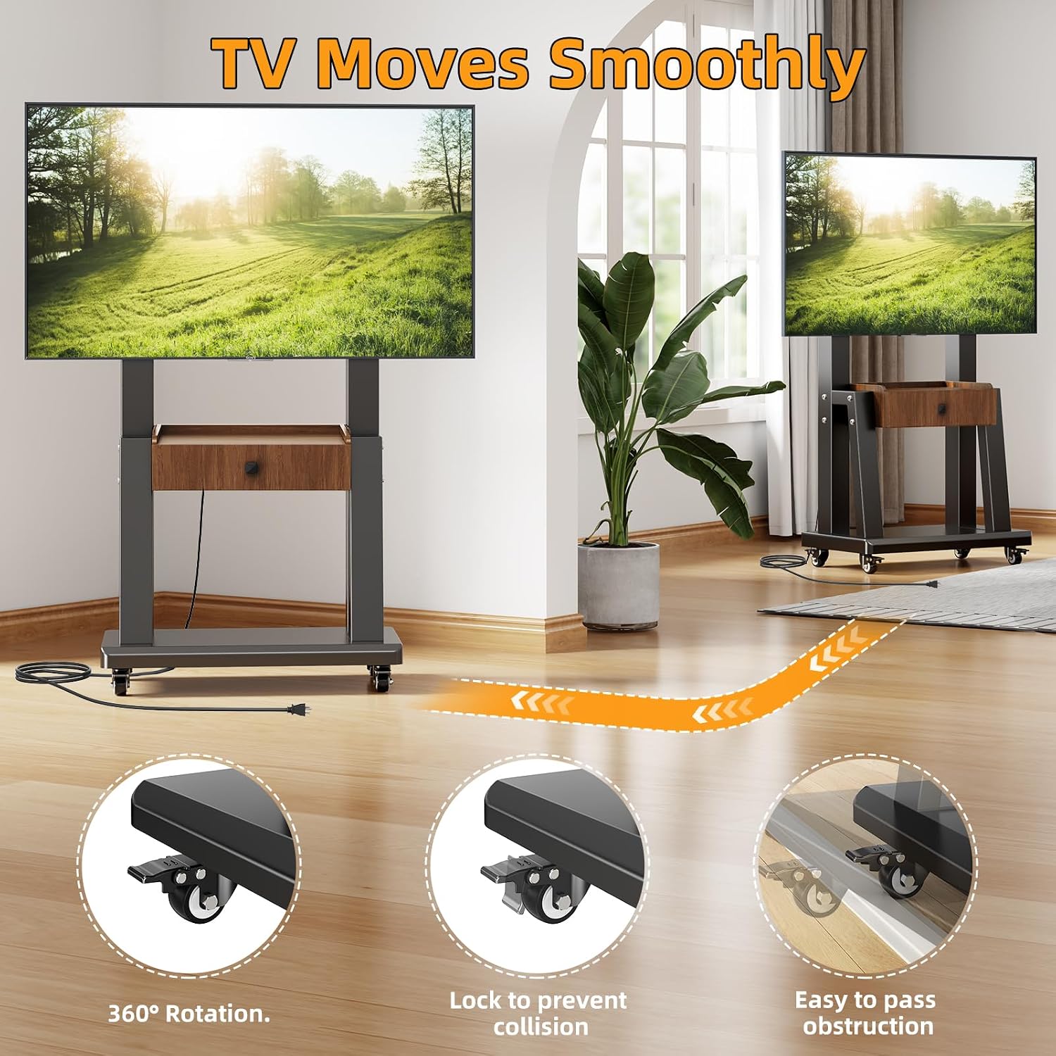 Rolling TV Cart with Power Outlet, Mobile TV Stand with Drawer and Wheels, Height Adjustable Mobile TV Cart for 23-75 inch,Screen Up to 150lbs,TV Stand for Bedroom,Indoor