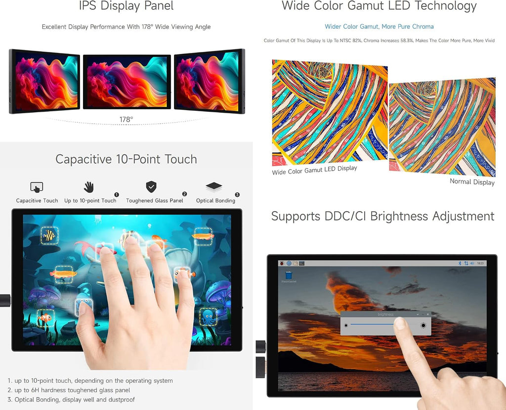 waveshare 10.1inch Capacitive Touch Display, 1280×800 Resolution, Compatible with Raspberry Pi 5/4B/3B/Zero/Zero W/Zero 2W/Pico/Pico W/Pico WH, Support Jetson Nano, VisionFive2, PC and Smartphone