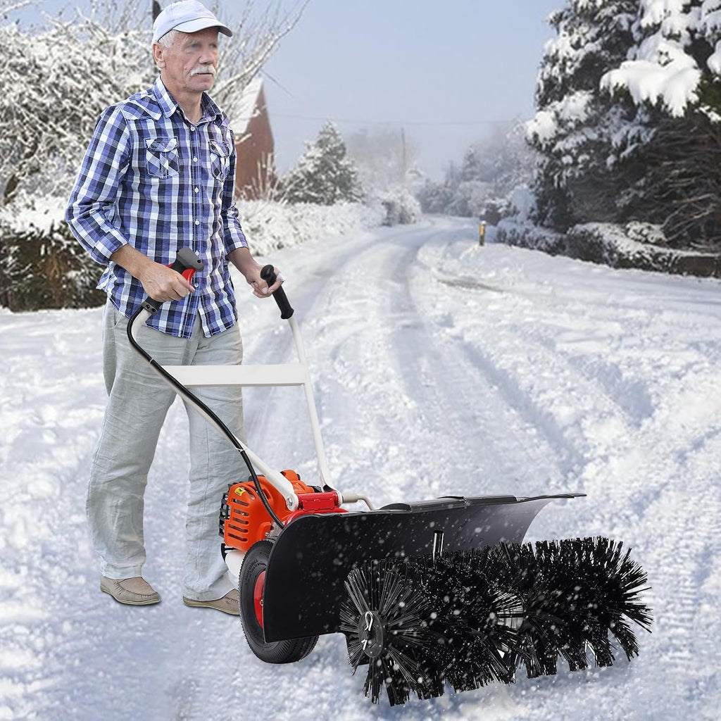 52CC Gas Handheld Sweeper, 52cc 2Stroke Gas Walk Behind Push Lawn Sweeper, Snow Sweeping Broom Artificial Grass Power Brush Lawn Sweeper Cleaner Tools for Lawn Leaf Artificial Turf Grass Gravel
