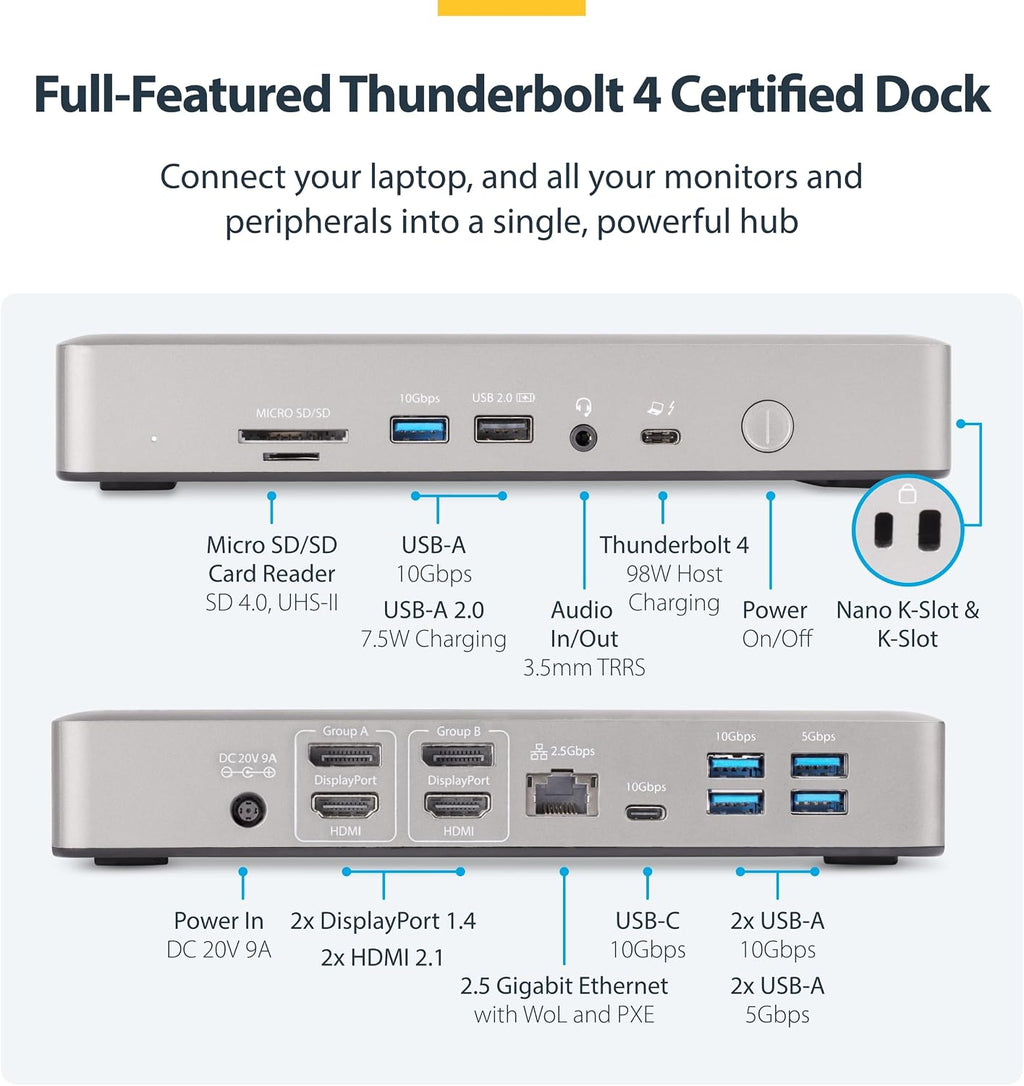 StarTech.com Thunderbolt 4 Dock - Dual 4K MacBook Pro and M4 Air, Quad Monitor 4K Windows, 16 Port 40Gbps Laptop Docking Station with 100W Charging, 2 x HDMI, 2 x DisplayPort (132N-TB4USB4DOCK)