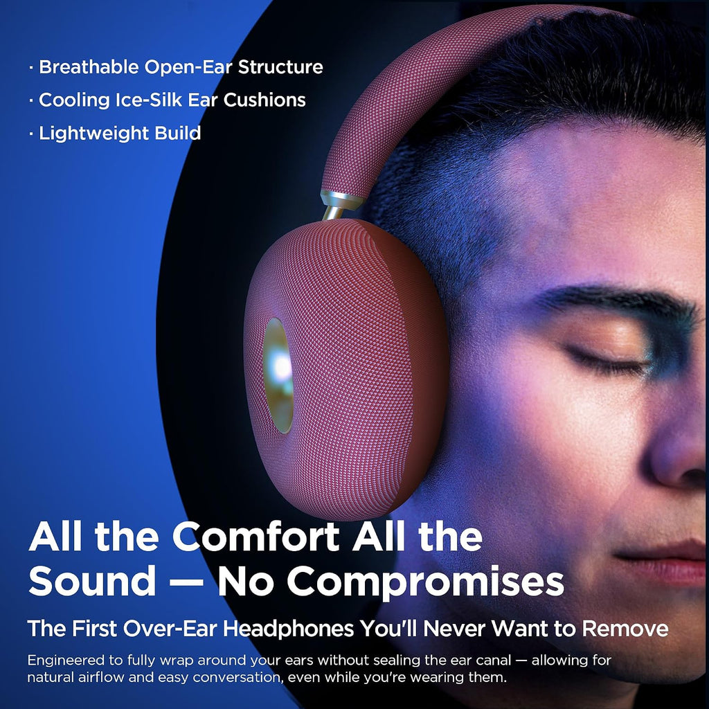 BUGANI AirCore Open-Ear Wireless Headphones: Bluetooth 5.3 Over-Ear Headset with Removable Noise-Canceling Ear Caps, Dual-Driver HiFi Sound, 27H Battery Life Comfortable Fit, Type-C Fast Charging