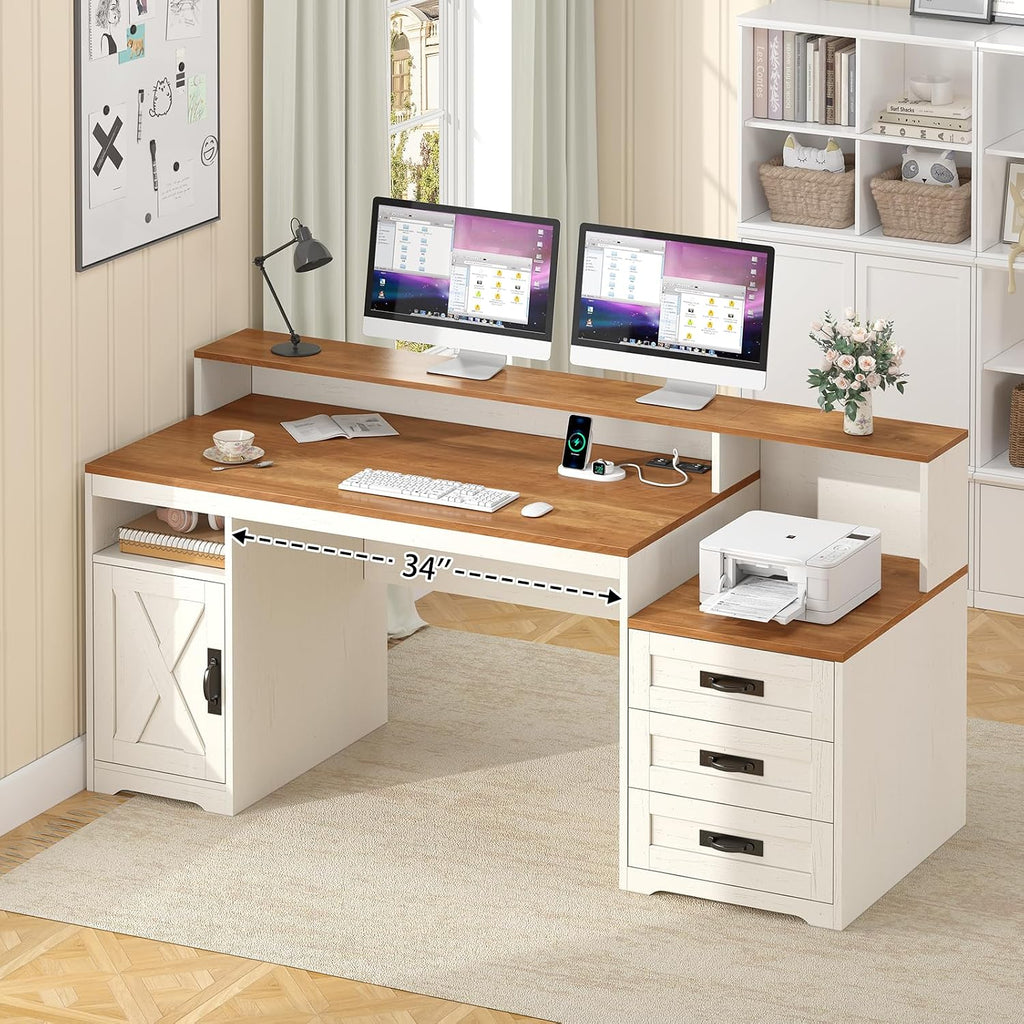 TVU Farmhouse Computer Desk with Drawers, 65'' Home Office Desk with Power Outlets, Storage Cabinet and Printer Stand, Study Writing Desks with Long Monitor Stand, Brown and White