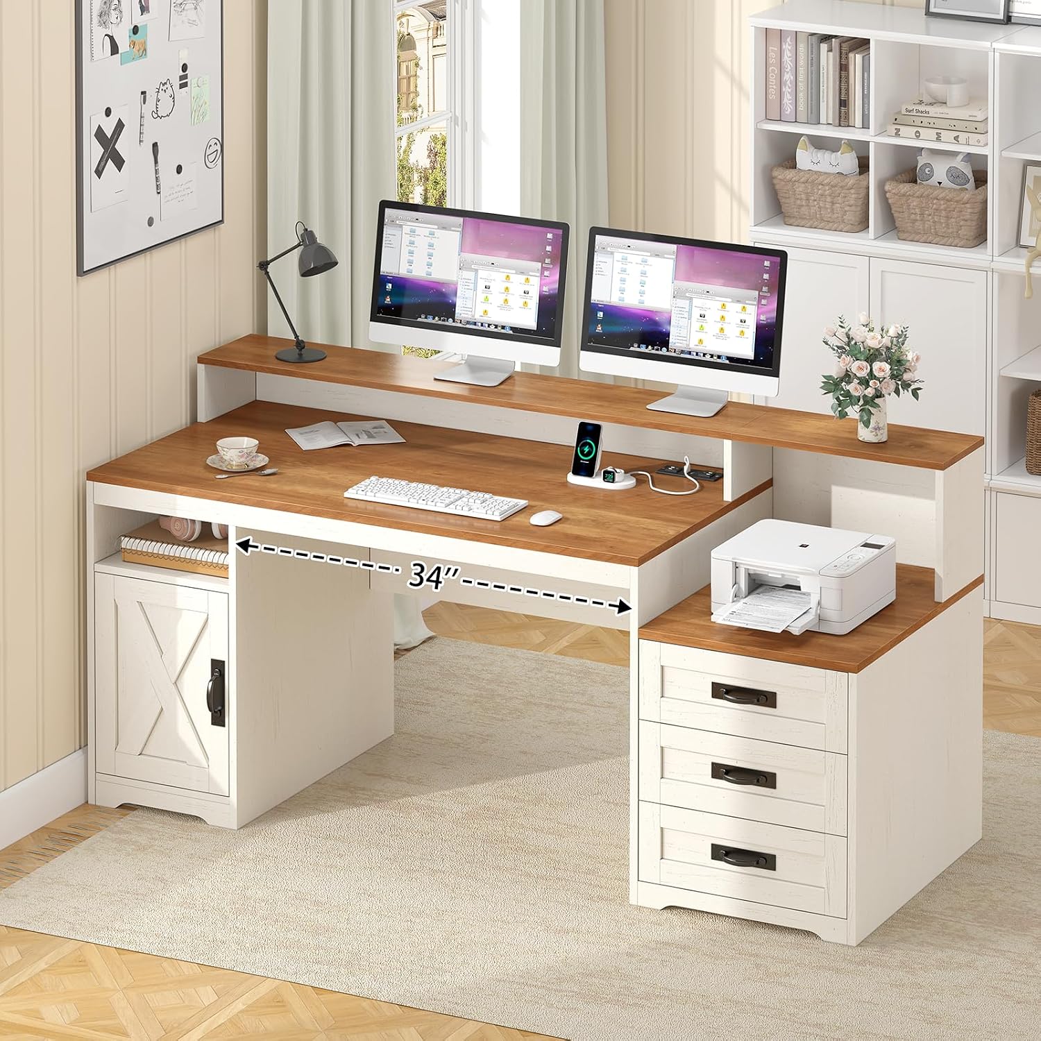 TVU Farmhouse Computer Desk with Drawers, 65'' Home Office Desk with Power Outlets, Storage Cabinet and Printer Stand, Study Writing Desks with Long Monitor Stand, Brown and White