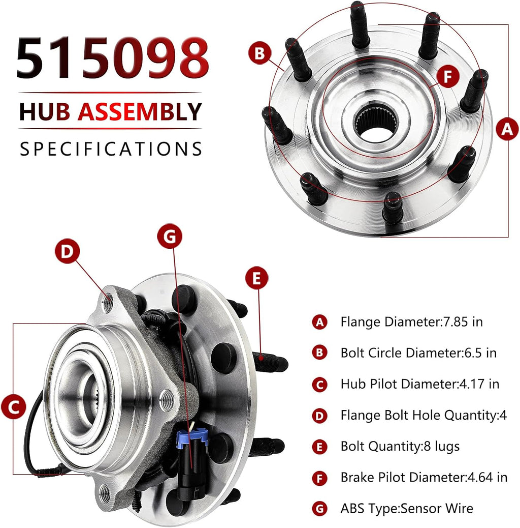 JLEO 515098 Pair (2) Front Wheel Bearing Hub Assembly Fits for 2007-2010 Chevy Silverado 2500HD 3500HD,Suburban 2500,for 2007-2010 GMC Sierra 2500HD 3500HD,Yukon XL 2500,for 2008-2009 Hummer H2