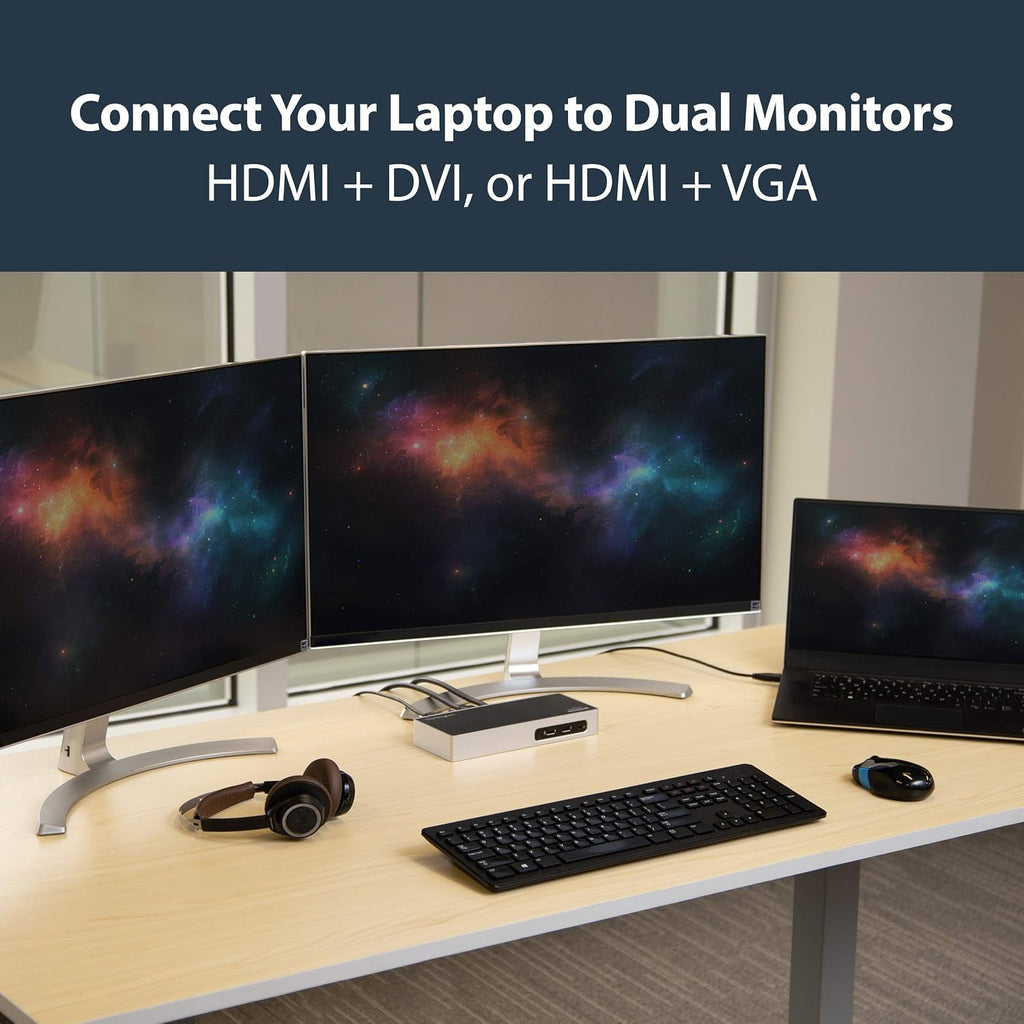 StarTech.com USB 3.0 Docking Station - Dual Monitor Laptop Docking Station with HDMI & DVI/VGA Video - 6-port USB 3.1 Gen 1 5Gbps Hub, GbE, Audio - Universal Type-A Dock - Windows & Mac (DK30ADD)