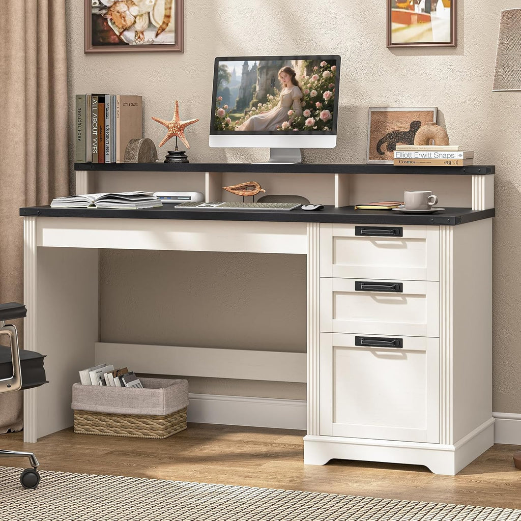 Vabches 55' Farmhouse Executive Desk with 3 Drawers, Wooden Computer Desk, Home Office Desk with File Drawer (Fits A4 Size) for Work and Study, White and Black