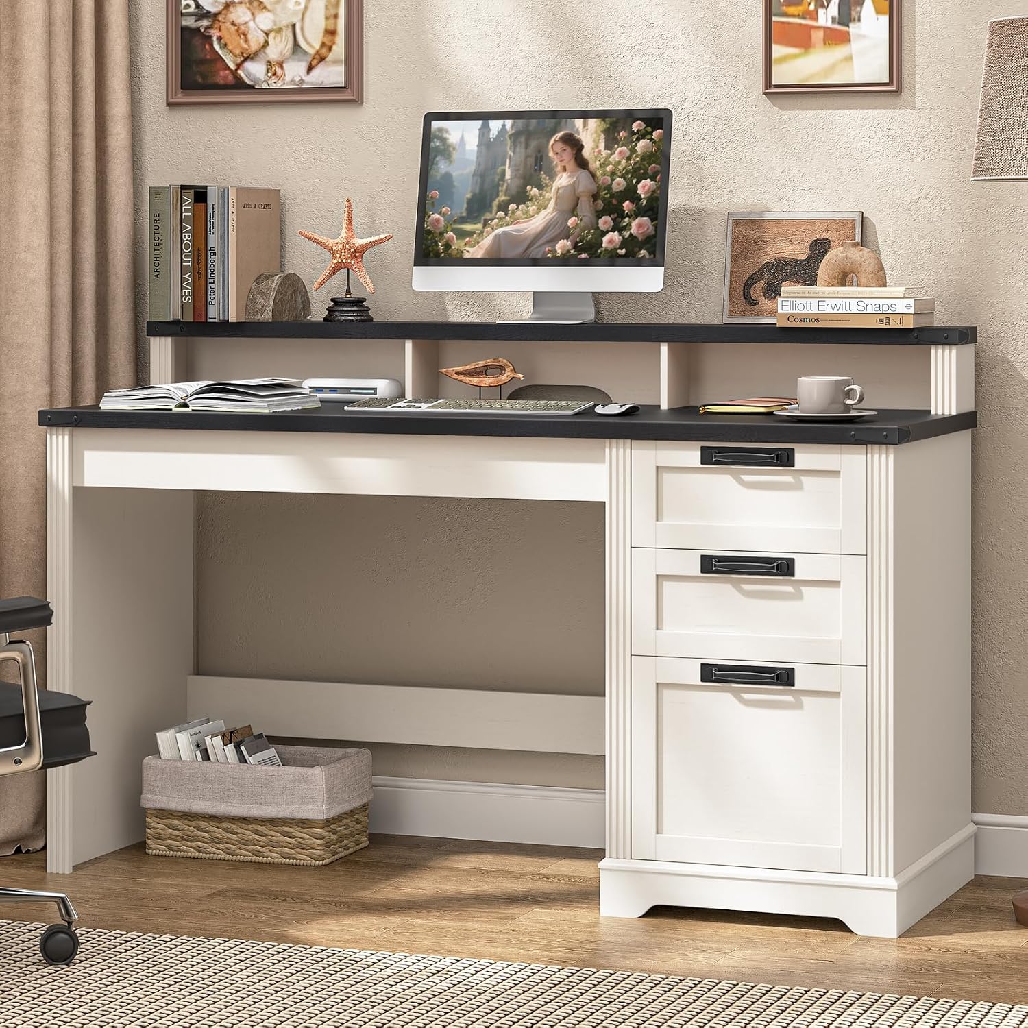 Vabches 55' Farmhouse Executive Desk with 3 Drawers, Wooden Computer Desk, Home Office Desk with File Drawer (Fits A4 Size) for Work and Study, White and Black