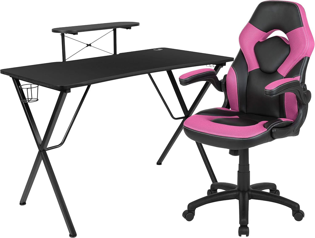 Flash Furniture Black Gaming Desk and Pink/Black Racing Chair Set with Cup Holder, Headphone Hook, and Monitor/Smartphone Stand