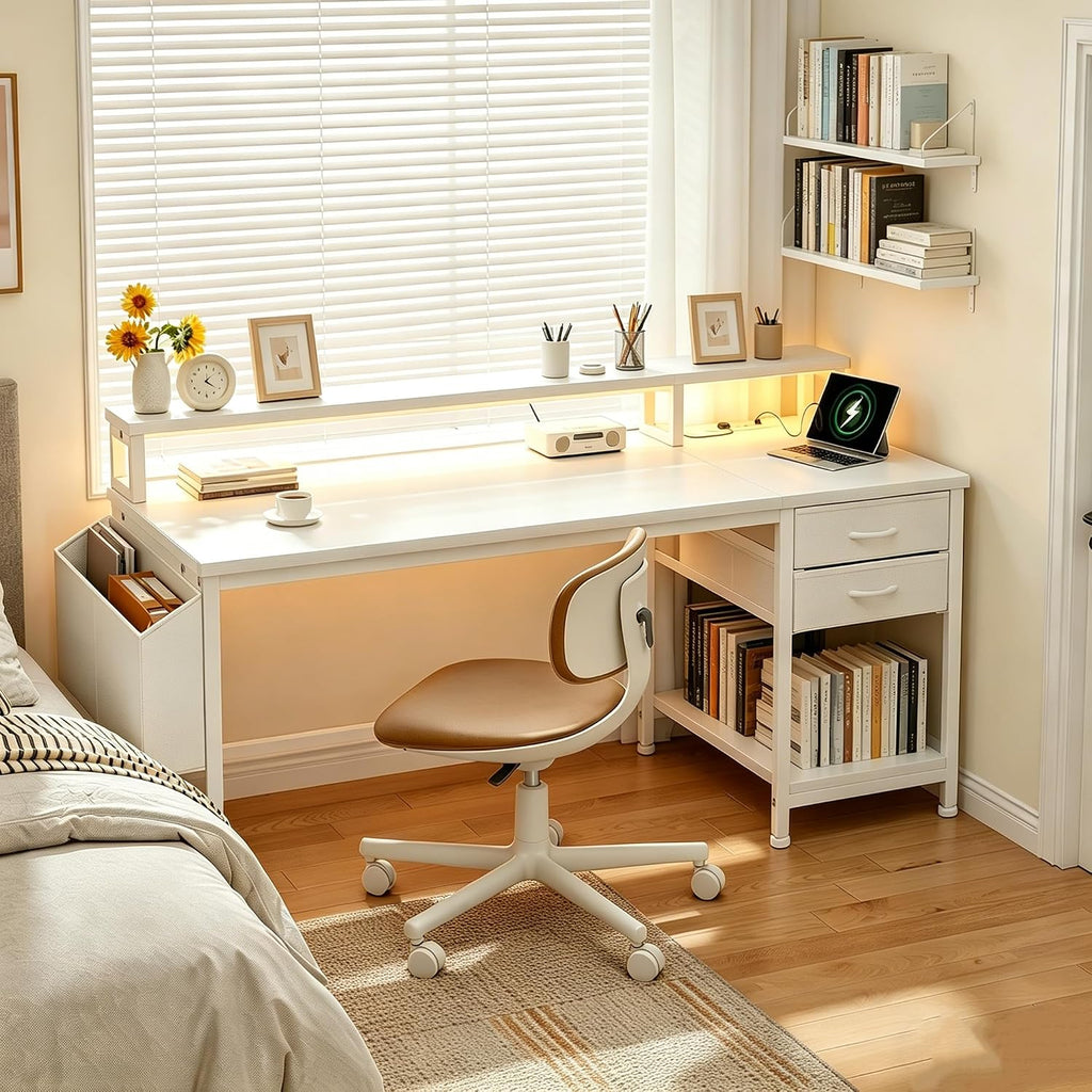 DurayLoly 48' White Desk with File Drawers & Storage Bag, Reversible Computer Desk with Monitor Stand,Home Office Desk with LED Strip & Power Outlets for Bedroom, Small Space, Study, Handwork