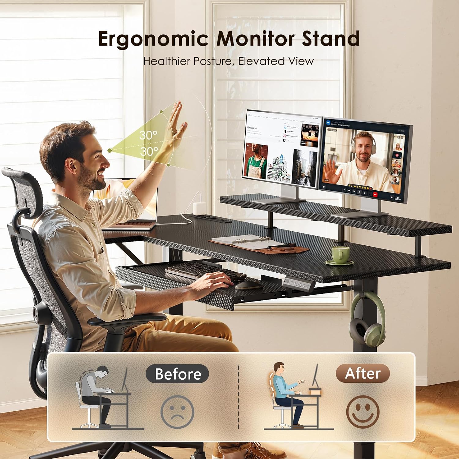 OffiGo 63 Inch L Shaped Electric Standing Desk with Keyboard Tray, Reversible Height Adjustable Corner Computer Desk with Monitor Stand, Sit Stand Up Lift Table for Home, Office, Carbon Fiber Black