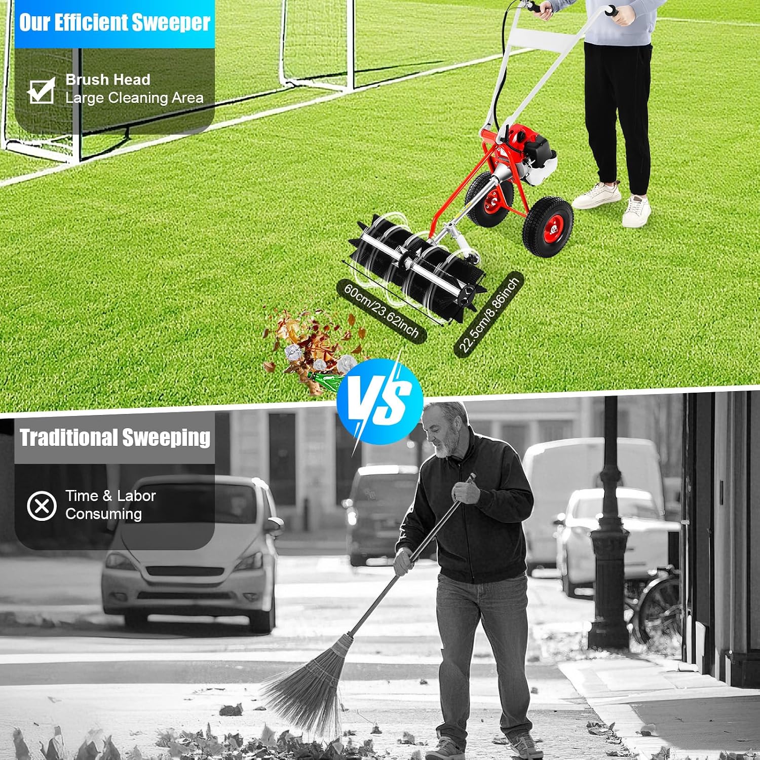 43CC 2 Stroke 1.7HP Gas Power Broom Sweeper 1250W Walk Behind Lawn Yard Sweeper Handheld Push Lawn Sweepers Walk Behind Lawn Mower for Driveways Lawns Sidewalks