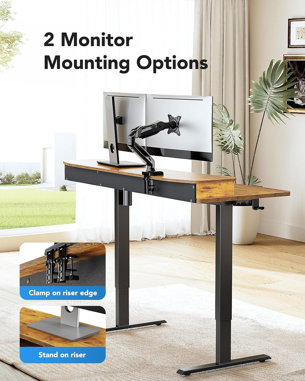 HUANUO 48' x 26' Electric Standing Desk with 2 Drawers & 26.7' Large Keyboard Tray, C-Clamp Mount Compatible, Adjustable Computer Desk for Home Office, Stand Up Desk with 4 Height Presets, Vintage
