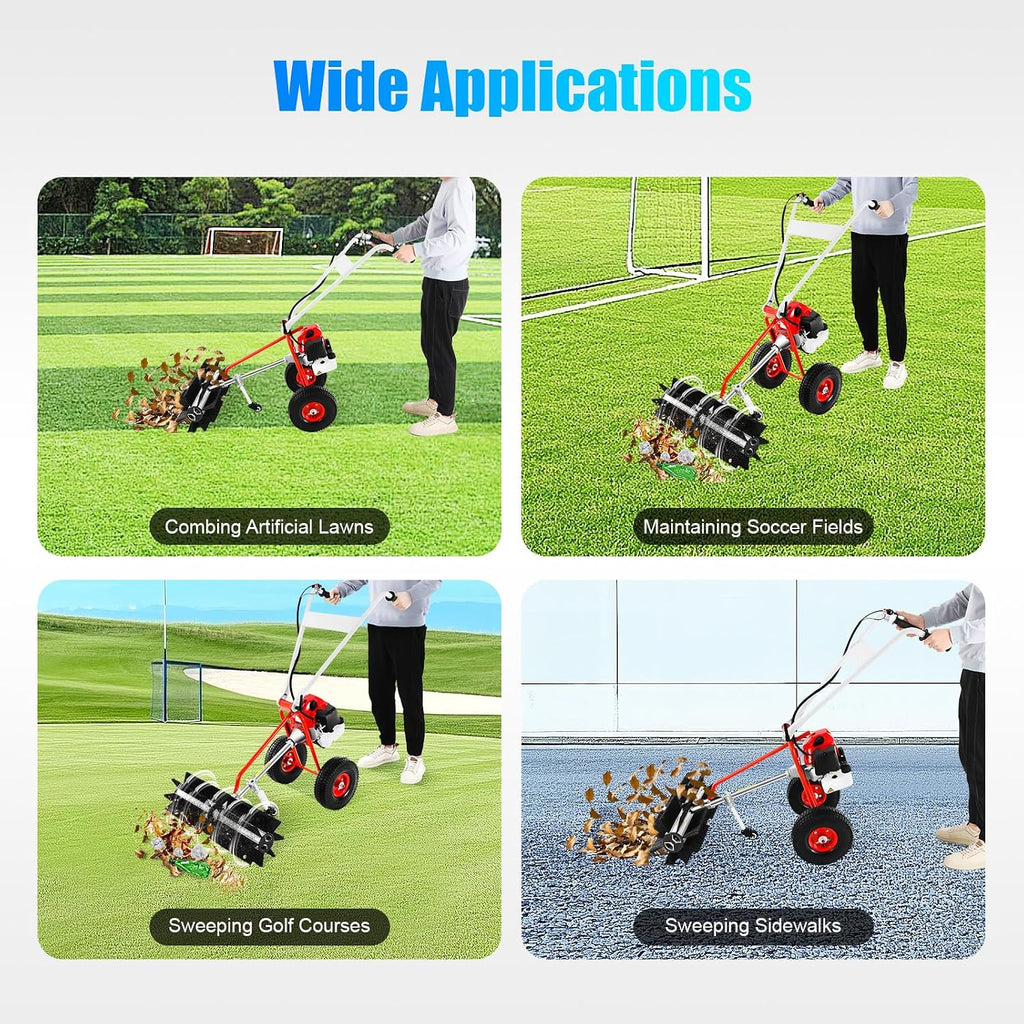 1.7HP 2 Stroke Hand Push Industrial Sweeper - 43CC Gas Power with Air Cooling System - Portable Outdoor Snow & Lawn Cleaner