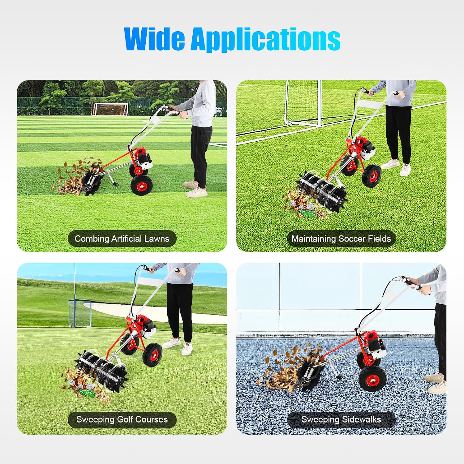 1.7HP 2 Stroke Hand Push Industrial Sweeper - 43CC Gas Power with Air Cooling System - Portable Outdoor Snow & Lawn Cleaner