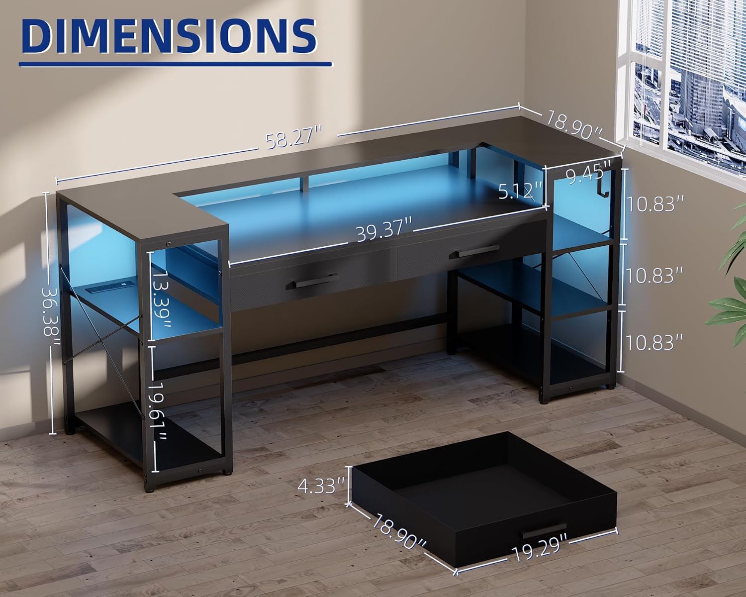 Pamray 58 Inch Computer Desk with Monitor Stand and Shelves Gaming Desk with LED Lights & Power Outlets PC Vanity Table with 2 Drawers for Home Office White