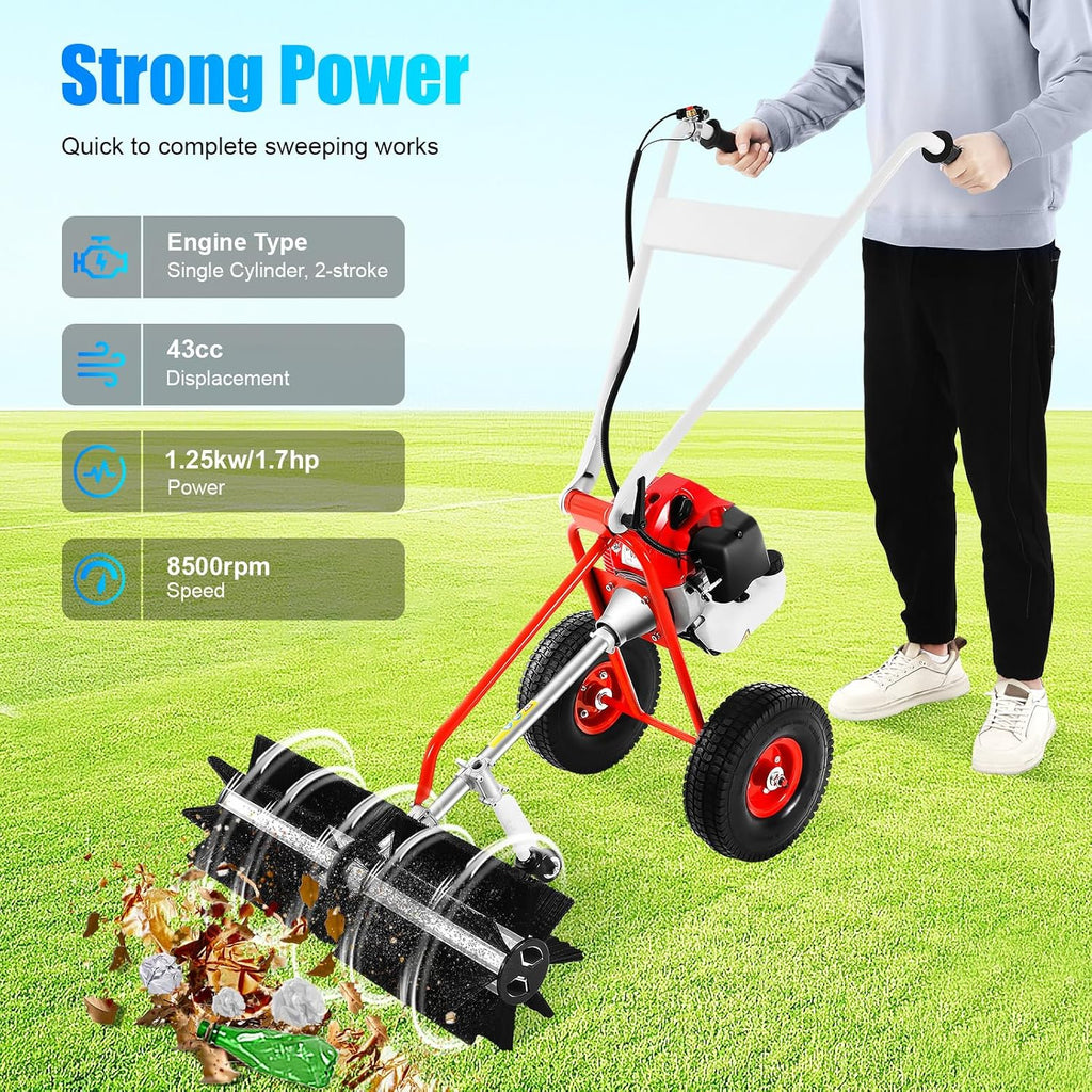 Gas Power Lawn Sweeper Broom, 43CC 2-Stroke Gasoline Powered Walk Behind Push Snow Sweeper with 23in Long High-Density Brush, 1.7HP Portable Handheld Artificial Grass Brush for Yard Driveway Garden