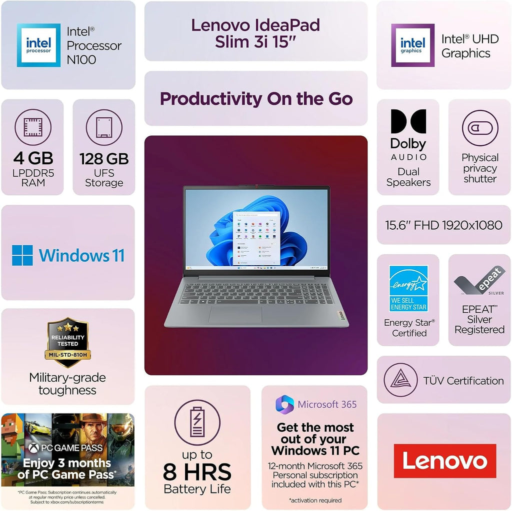 Lenovo IdeaPad Slim 3i 15.6' FHD Laptop • Microsoft Office 365 • 1.1TB Storage • LPDDR5 • Intel 4 Cores • 128GB SSD and 1TB Cloud • WiFi 6 • Military-Grade • Windows 11 • Essential Laptop