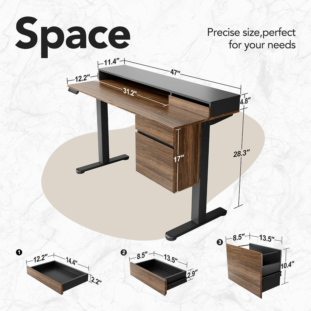 HUANUO Standing Desk with Drawers and File Cabinet, 47 Inch Electric Height Adjustable Desk with Storage, Ergonomic Stand Up Table Compatible with Monitor Stand, Black Walnut